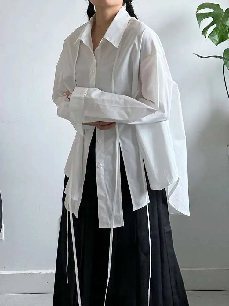 Women White Irregular String Slit Big Size Blouse New Lapel Long Sleeve Shirt Fashion Tide Spring Autumn 2025 1DJ0302
