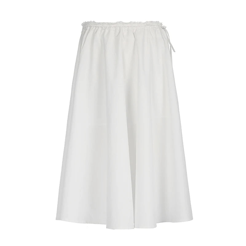 Streetwear White Loose Long Skirt Holidays Casual Lace Trim Tie-Up Summer Skirts Female Korean Chic A-Line Clothing