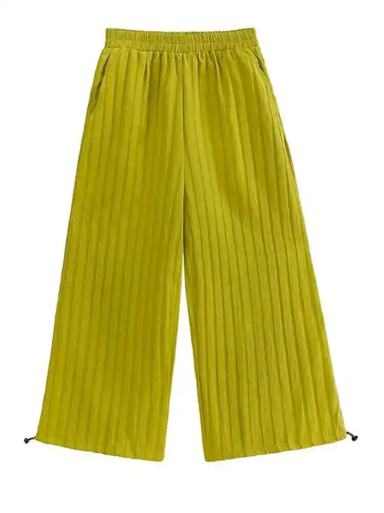 High Elastic Waist Green Pleated Striped Drawstring Pants New Loose Fit Trousers Women Fashion Spring Autumn 2025 1DF5825
