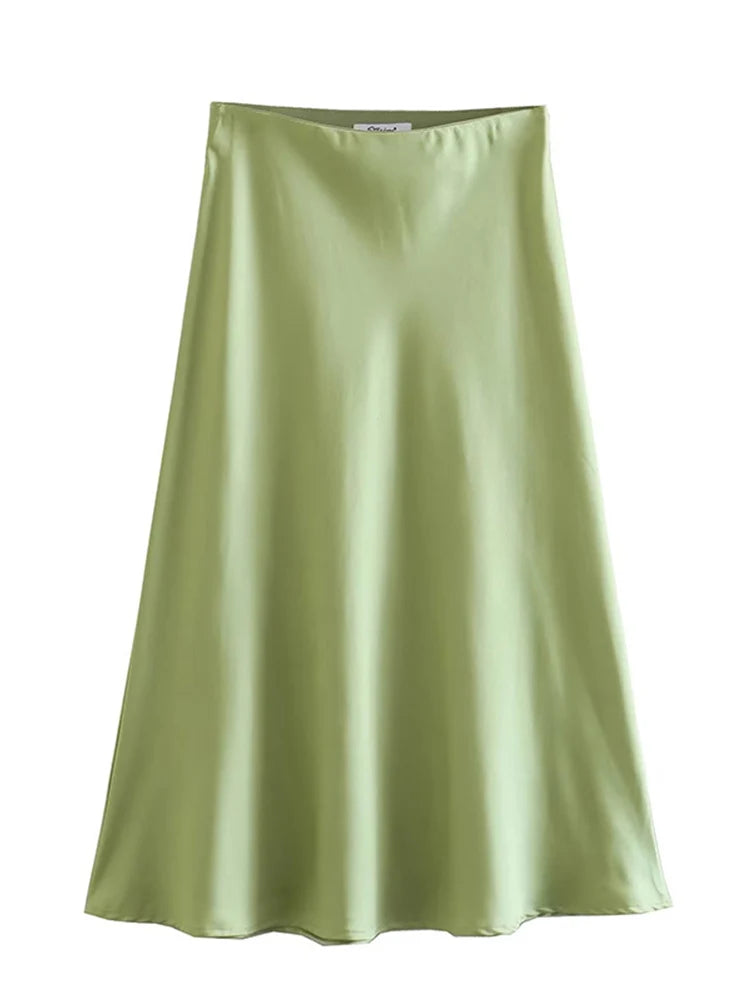 Hot Sale Solid Satin Elastic Waist Women A-Line Skirt Summer Female Slim Falda