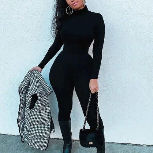 Load image into Gallery viewer, High Neck Long Sleeve Zipper Long Sleeve Jumpsuit Women Elastic Tight Casual Female Jumpsuit Temperament Outdoor Sporty
