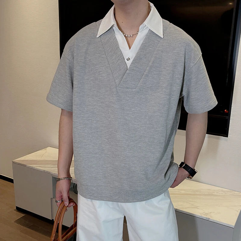 Men's Short Sleeve T-shirts New Summer Korean Casual Turn-down Collar Splicing Fake Two-piece Design Male Top 9W1676