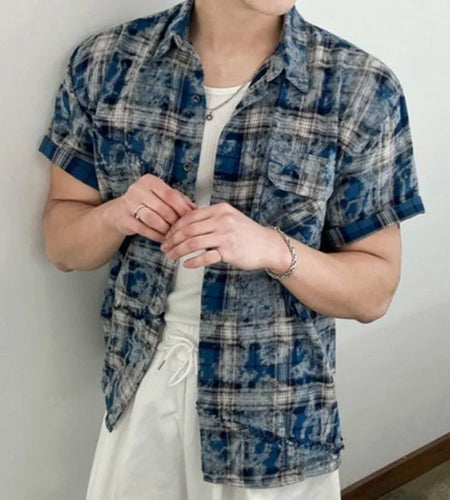 Men's Tie Dye Short Sleeve Shirts New Summer Loose Plaid Korean Turn-down Collar Trendy Male Clothing Loose Fiting 9W1626