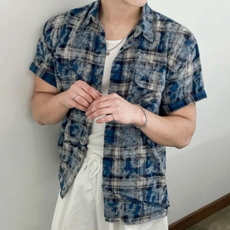 Men's Tie Dye Short Sleeve Shirts New Summer Loose Plaid Korean Turn-down Collar Trendy Male Clothing Loose Fiting 9W1626