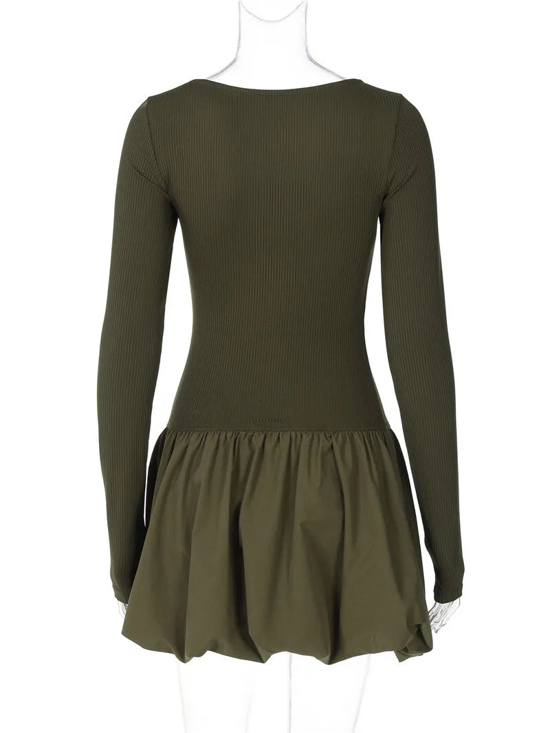 Long Sleeve Puffball Sexy Mini Dress For Women Autumn Winter New O Neck High Waist A-line Ruffled Pleated Dress