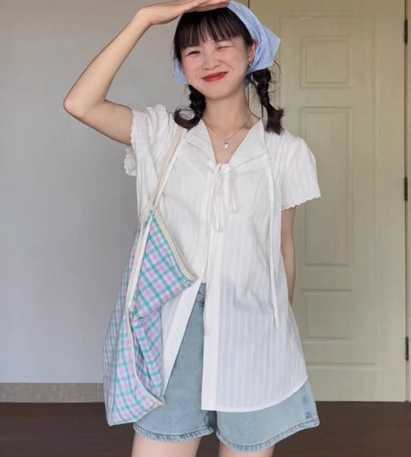 Y2k Aesthetic Women Turn Down Collar Bandage Blouse Solid Casual Single Breasted Grunge Shirt Harajuku Loose Streetwear Blusas