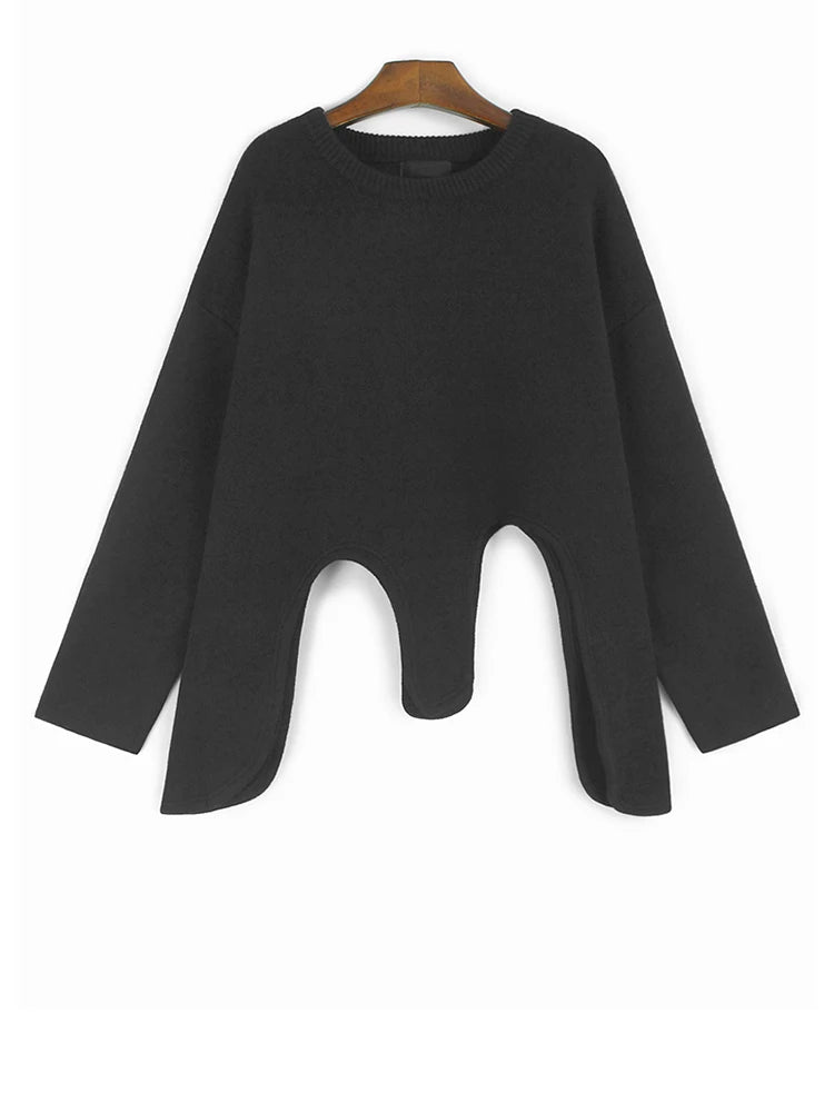 Gray Irregular Big Size Knitting Sweater Round Neck Long Sleeve Women Pullovers New Fashion Spring Autumn 2025 1DH9452