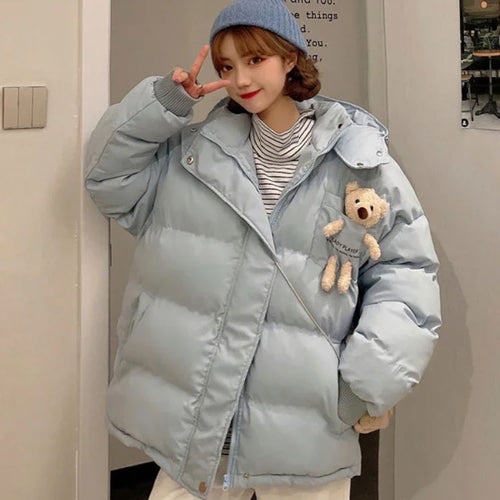 Load image into Gallery viewer, Pink Cartoon Bear Appliques Jacket Parka Women Winter Hooded Coat Warm Casual Parkas Long Sleeve Cotton Liner Thick Outwear
