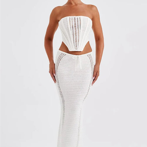 Load image into Gallery viewer, Elegant Knit Skirt Two Piece Sets Women Strapless Bandage Crop Tops And Maxi Skirt Femme Lace Up Sexy Ttwo Piece Sets

