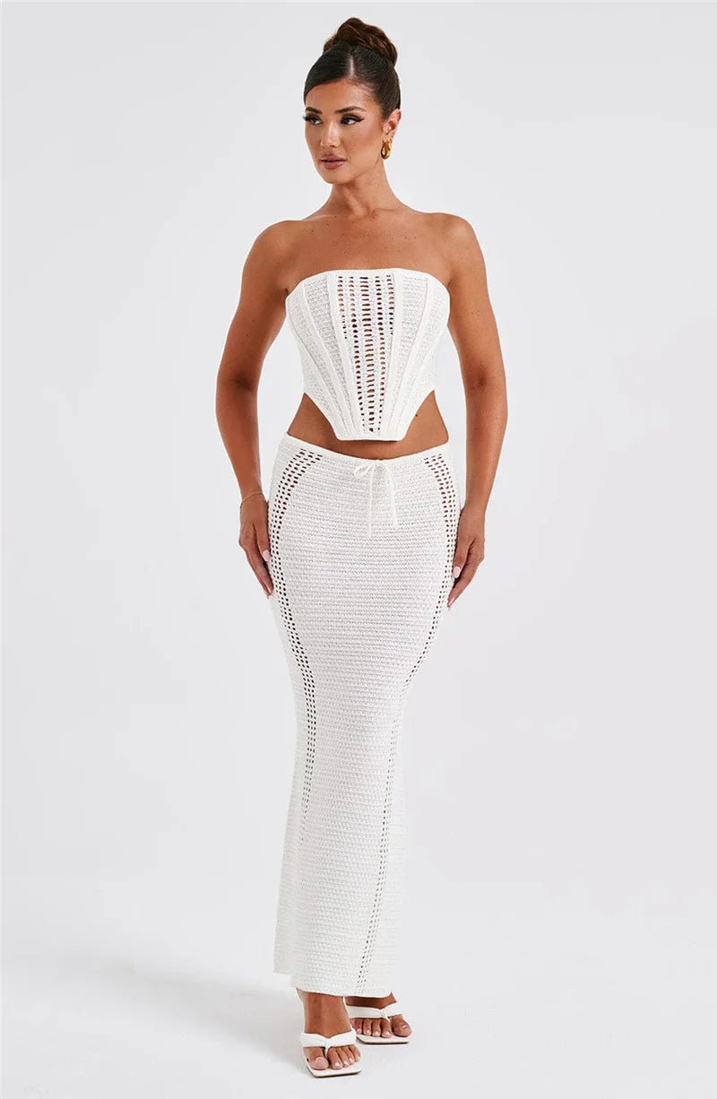 Elegant Knit Skirt Two Piece Sets Women Strapless Bandage Crop Tops And Maxi Skirt Femme Lace Up Sexy Ttwo Piece Sets