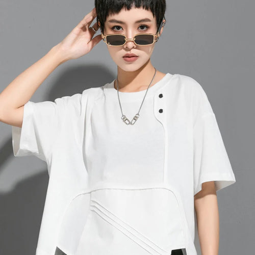 Load image into Gallery viewer, Women Black Button Pleated Irregular Big Size T-shirt New Round Neck Short Sleeve Fashion Tide Spring Summer 2025 1DJ1752

