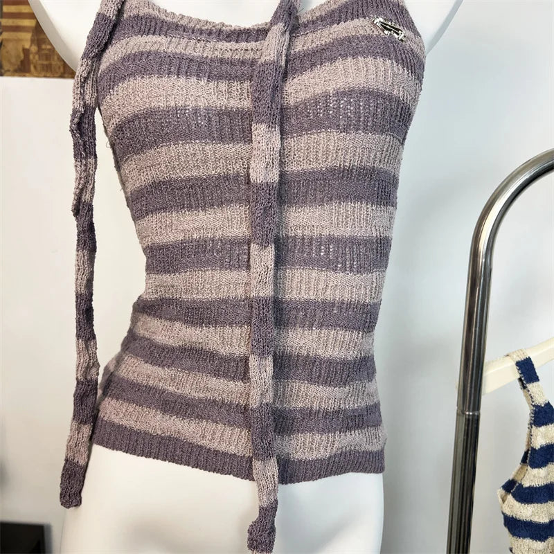 Retro Women's Summer Purple Striped Slim Sexy Knit Vest Tops Korean Ladies Blue Patchwork Sleeveless Short Pullover Tank Popular