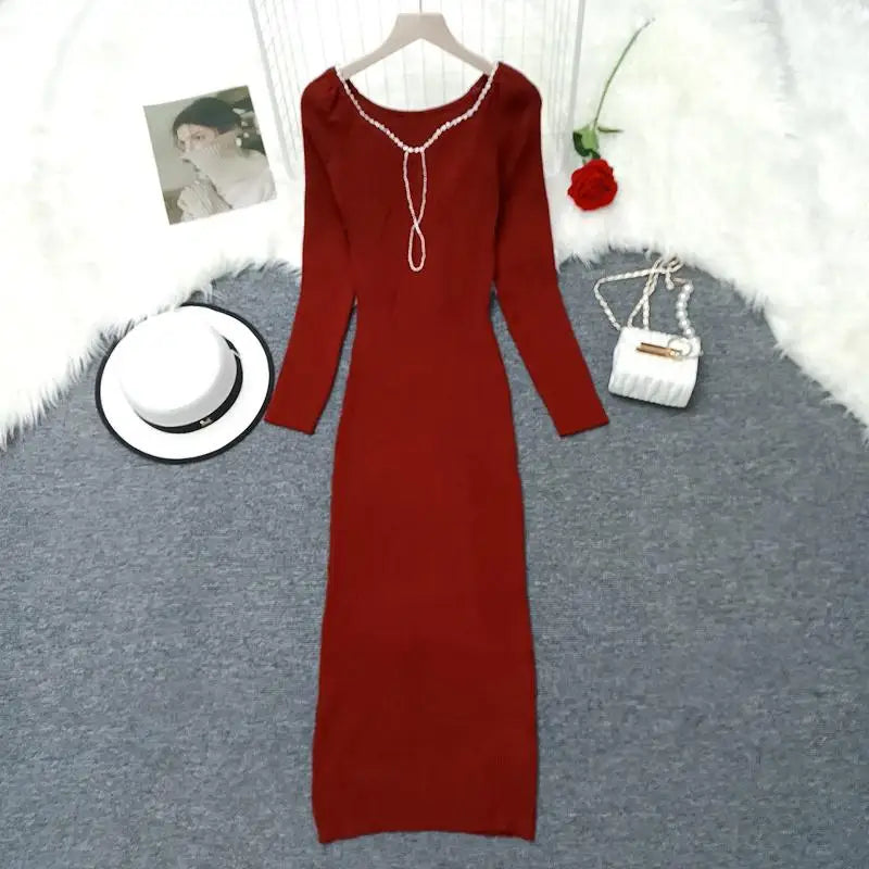 Autumn Winter Women's Solid Diamond Temperament Long Sleeved Dress French Square Neck Office Lady Knitwear Dress 2024 Simplicity