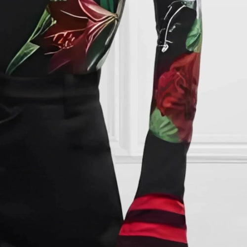 Load image into Gallery viewer, Autumn Winter Women&#39;s Vintage Pullover Tops Long Sleeves Skinny Floral Printed Split-Joint High Neck Trendy T-shirts for Woman
