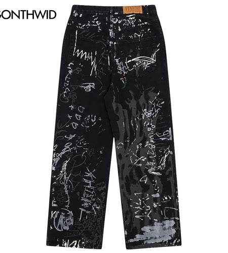 Hip Hop Black Jeans Y2K Men Graffiti Print Straight Wide Baggy Loose Denim Pants Streetwear 2023 Harajuku Fashion Punk Trousers