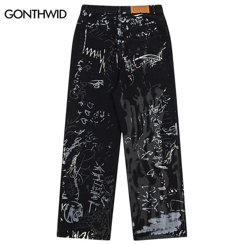Load image into Gallery viewer, Hip Hop Black Jeans Y2K Men Graffiti Print Straight Wide Baggy Loose Denim Pants Streetwear 2023 Harajuku Fashion Punk Trousers

