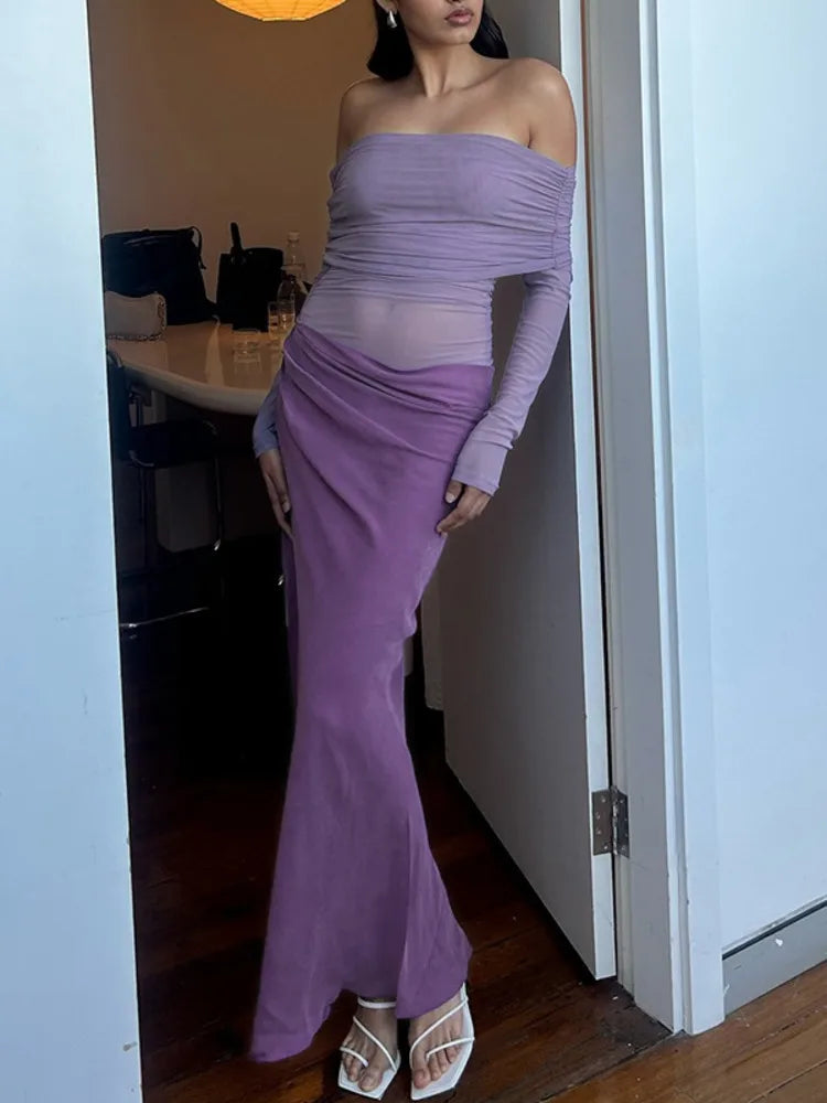 Elegant Mesh Patchwork Satin Long Sleeve Bodycon Party Club Evening Dress Women 2025 Summer Sexy One Shoulder Vestido