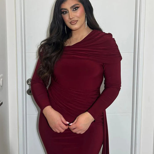 Load image into Gallery viewer, Skew Collar Long Sleeve Sexy Maxi Dress For Women Gown Fashion Backless Draped Ruched Bodycon Club Long Dress Elegant
