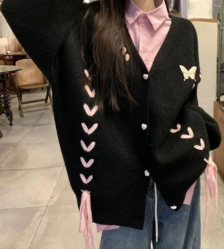 Autumn Grunge Butterfly Knitted Cardigans Y2k Aesthetic Single Breasted Coats Harajuku Bandage Women Kawaii JK Sweaters Jumper