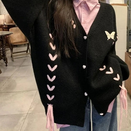 Load image into Gallery viewer, Autumn Grunge Butterfly Knitted Cardigans Y2k Aesthetic Single Breasted Coats Harajuku Bandage Women Kawaii JK Sweaters Jumper
