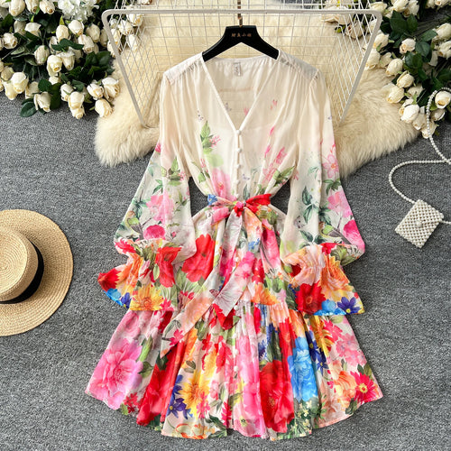 Load image into Gallery viewer, Bohemian Women Beige Flower Vacation Temperament Bandage Pleated Short Dresses Spring V Neck High Waist Party Prom Dress Popular
