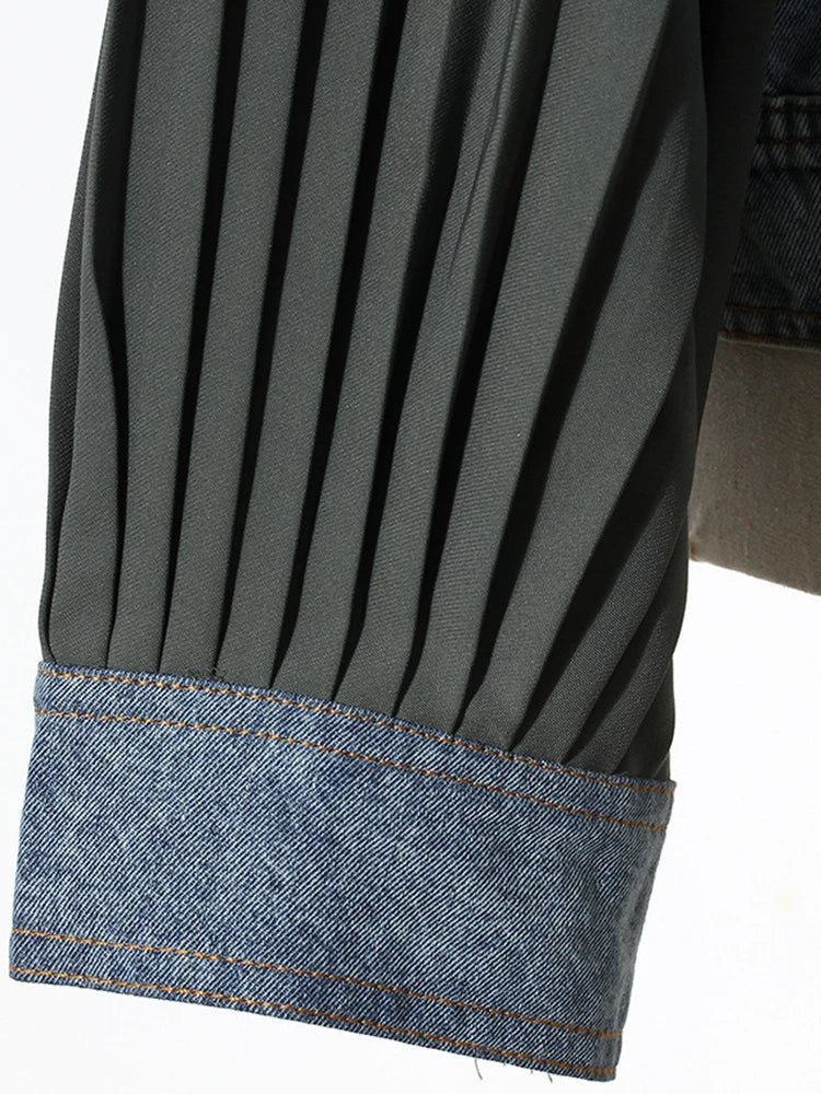 Black Pleated Color-block Denim Jacket New Stand Collar Long Sleeve Women Coat Fashion Tide Spring Autumn 2025 7AB3764