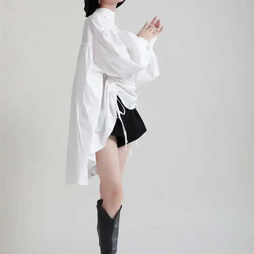 Load image into Gallery viewer, Women Balck Irregular Drawstring Big Size Dress New Stand Collar Long Sleeve Loose Fit Fashion Spring Autumn 2025 1Z18901
