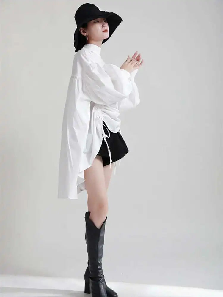 Women Balck Irregular Drawstring Big Size Dress New Stand Collar Long Sleeve Loose Fit Fashion Spring Autumn 2025 1Z18901