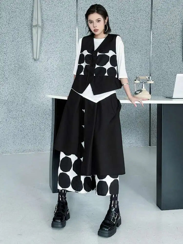 Big Size Black Dot Vest Wide Leg Pants Two Piece Suit New V-Neck Sleeveless Women Fashion Tide Spring Autumn 2025 1DJ1039