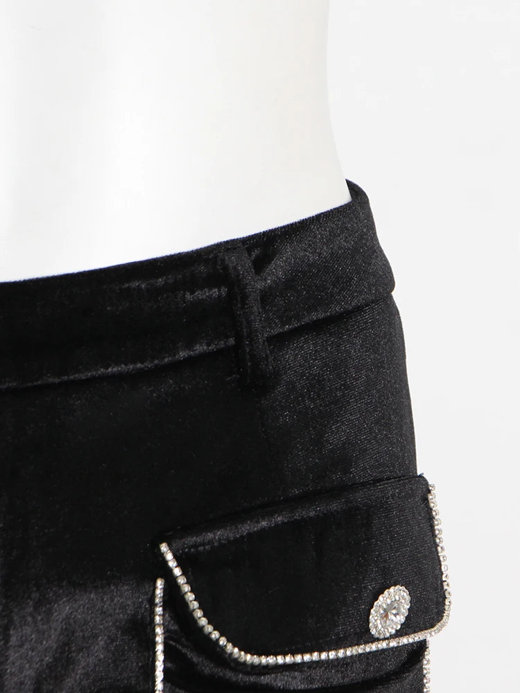 Solid Spliced Pockets Chic Trousers For Women High Waist Patchwork Diamonds Minimalist Casual Pant Female Fashion