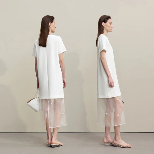 Long Dresses 2026 Spring New Round Neck Short Sleeve Patchwork Women's Dress Removable Organza Elegant Dress Women 12651024