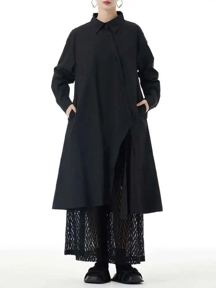 Women Purple Irregular Button Slit Big Size Shirt Dress New Lapel Long Sleeve Fashion Tide Spring Autumn 2025 1DH4827