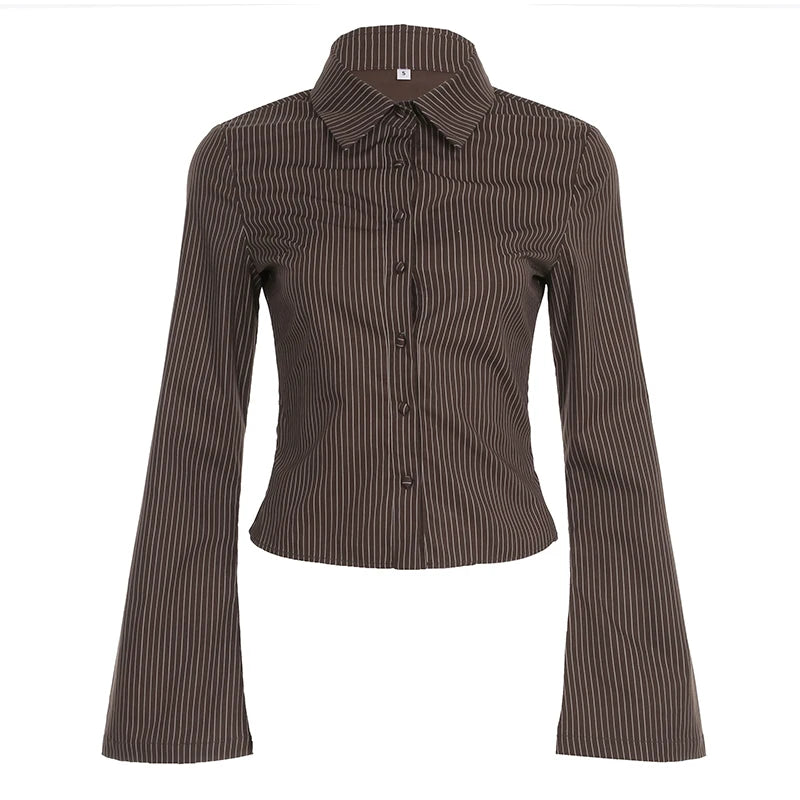 Casual Striped Chic Buttons Flare Sleeve Shirts Women Turn Down Collar Slimming Top Minimalism Aesthetics Blouse New