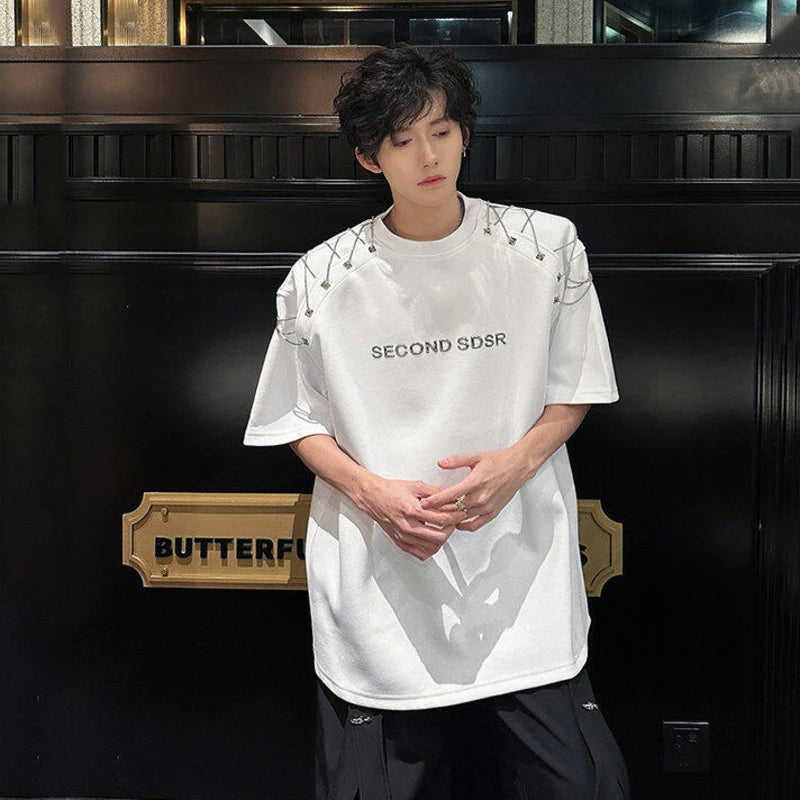Men's Short Sleeve T-shirts New Summer Metal Chain Design Pad Shoulder Trendy Letter Print Fashion Style Male Top 9W1663