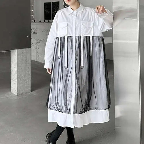 Load image into Gallery viewer, Women White Mesh Ribbons Pocket Big Size Midi Shirt Dress New Lapel Long Sleeve Fashion Tide Spring Autumn 2025 1DH8647
