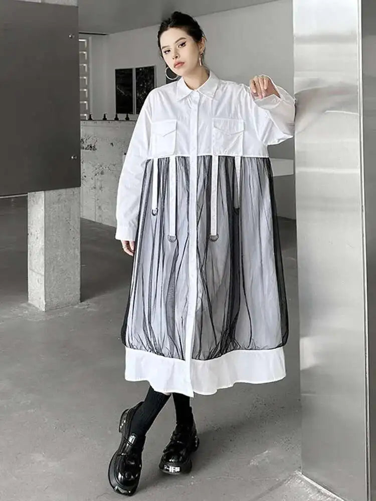 Women White Mesh Ribbons Pocket Big Size Midi Shirt Dress New Lapel Long Sleeve Fashion Tide Spring Autumn 2025 1DH8647