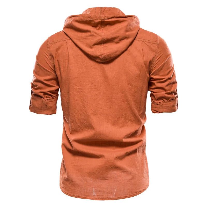 Design Hoodied Long Sleeve Linen Shirt Men Solid Color 100% Cotton Quality Pullover Shirt for Men Streetwear Men's Shirts