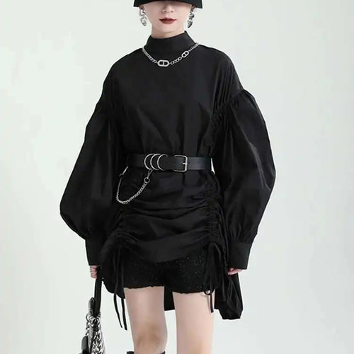 Load image into Gallery viewer, Women Balck Irregular Drawstring Big Size Dress New Stand Collar Long Sleeve Loose Fit Fashion Spring Autumn 2025 1Z18901
