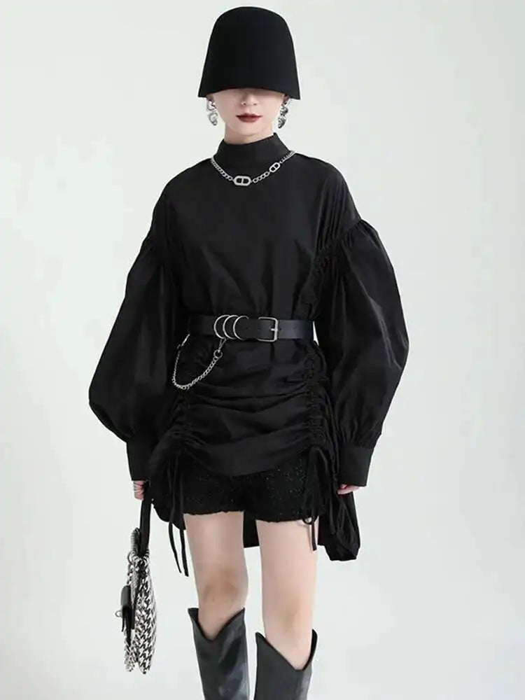 Women Balck Irregular Drawstring Big Size Dress New Stand Collar Long Sleeve Loose Fit Fashion Spring Autumn 2025 1Z18901