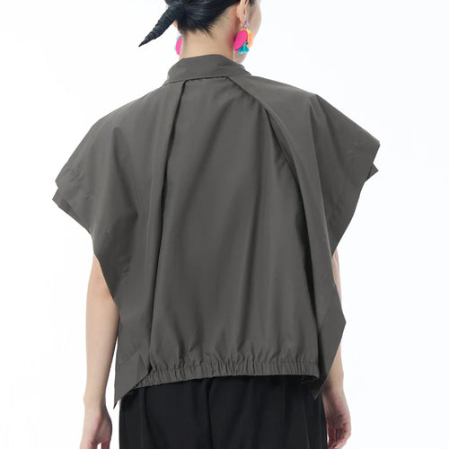 Load image into Gallery viewer, Women Gray Irregular Spliced Bandage Big Size Blouse New Lapel Short Sleeve Shirt Fashion Tide Spring Summer 2025 1DJ1605
