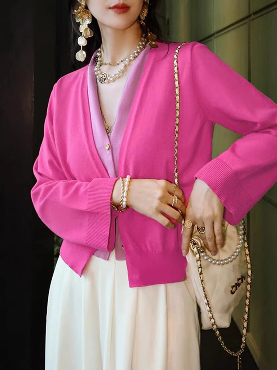 Hit Color Sweater For Women V Neck Long Sleeve Spliced Single Breasted Casual Knitting Sweaters Female Fashion New