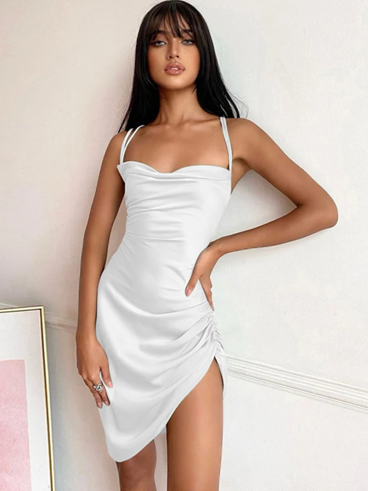 Satin Bodycon Backless Dress Women Solid Spaghetti Strap Dress Women Spring Casual Hollow Out Skinny Evening Vestidos