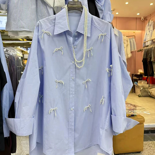 Load image into Gallery viewer, Solid Spliced Pearl Loose Blouses For Women Lapel Long Sleeve Loose Casual Shirts Female Fashion Style Clothes New
