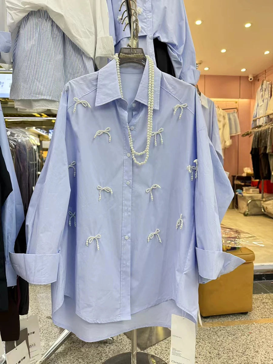 Solid Spliced Pearl Loose Blouses For Women Lapel Long Sleeve Loose Casual Shirts Female Fashion Style Clothes New