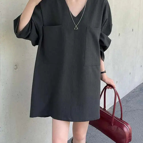 Load image into Gallery viewer, Women Gray Double Pocket Big Size Elegant Mini Dress New V--Neck Long Sleeve Fashion Tide Spring Autumn 2025 1DH7310
