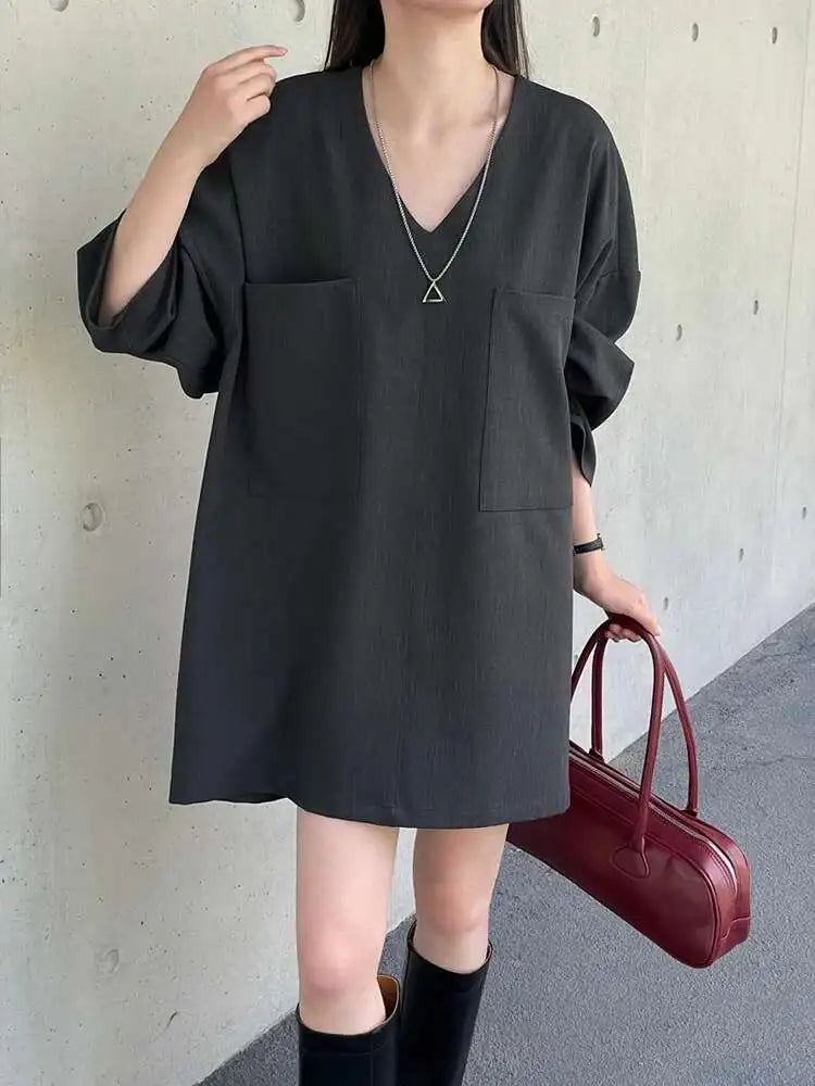 Women Gray Double Pocket Big Size Elegant Mini Dress New V--Neck Long Sleeve Fashion Tide Spring Autumn 2025 1DH7310