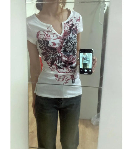 Summer Woman T Shirts 2024 Ropa Mujer V-neck Print Short Sleeve Camisetas Y2k Tops Korean Tees Tunic Fashion Casual T-shirts