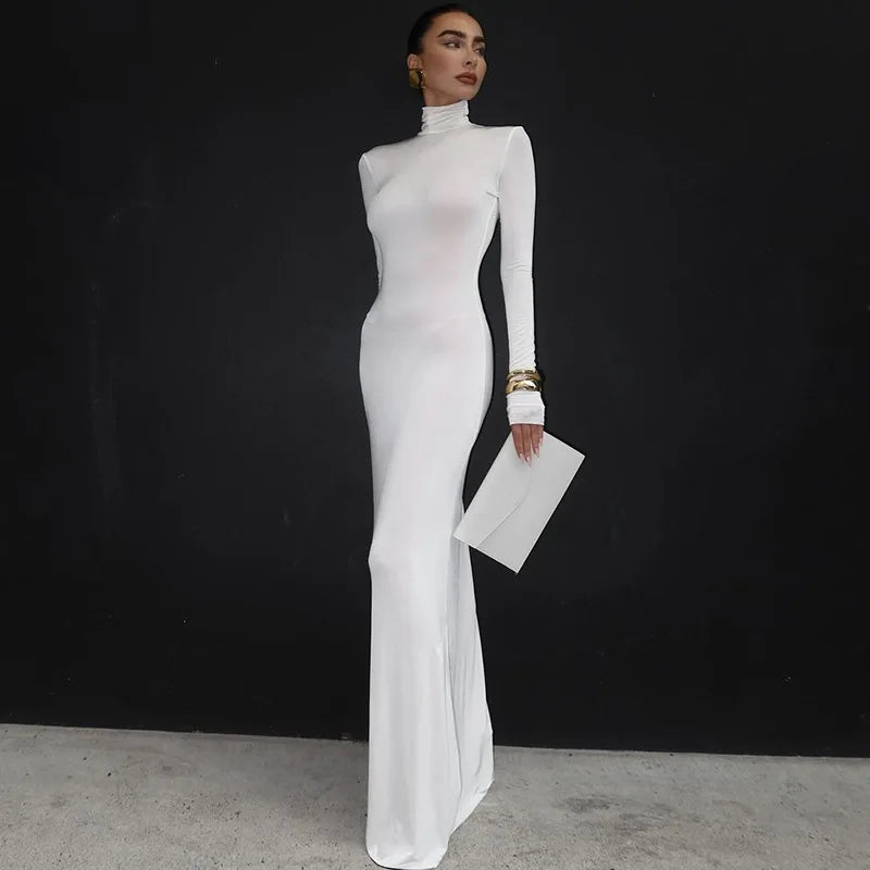 Turtleneck Long Sleeve Maxi Dress Women Gown Autumn Winter New Solid Sexy Long Dress Femme Fashion Floor-length Dress