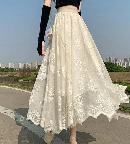 Spring Summer French Retro Solid Lace Slim Irregular Long Skirt Women High Waist Elegant Party Pleated Skirt Fashion Streetwear
