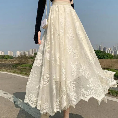 Load image into Gallery viewer, Spring Summer French Retro Solid Lace Slim Irregular Long Skirt Women High Waist Elegant Party Pleated Skirt Fashion Streetwear
